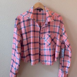 Pink Plaid Cropped Flannel